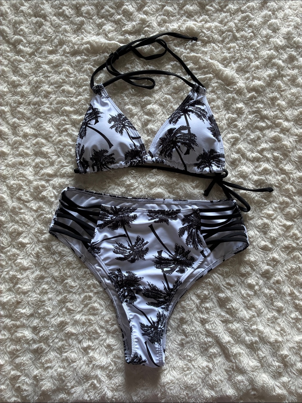 SHEIN Black and White Palm Print Triangle Bikini Set